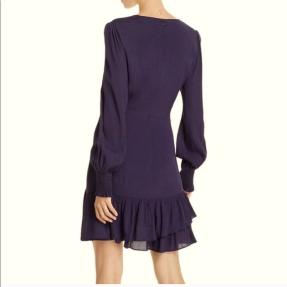 NWT AQUA Long Balloon Sleeve Tie Waist Ruffled Mini Dress Navy Blue Medium - Picture 2 of 4